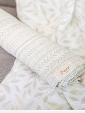 Crane Baby Crib Blanket Reversible White Gray Green Floral Leaf Pattern set of 2
